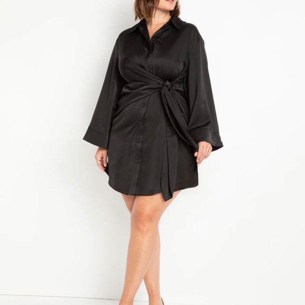 Satin shirt-dress with tie waist